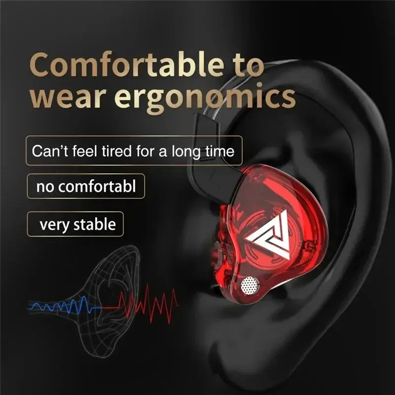 Red translucent qkz ak6 in-ear headphones with mic feature ergonomic design and white triangular logo for stability