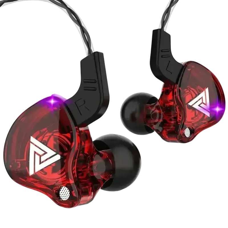 Red translucent qkz ak6 in-ear headphones with black ear hooks and white triangular logos with mic for clear audio