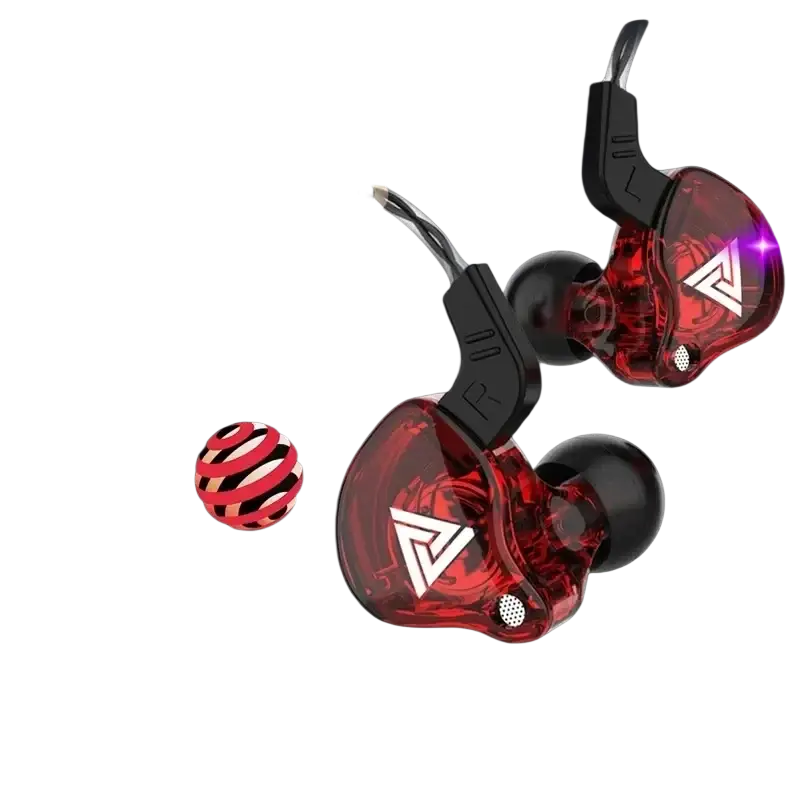 Red transparent in-ear headphones qkz ak6 with black accents and white triangular logo featuring built-in mic