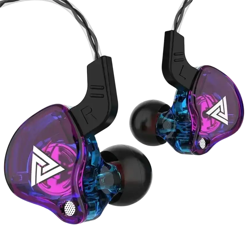 Vibrant purple and blue translucent qkz ak6 in-ear headphones with black silicone ear tips and built-in mic