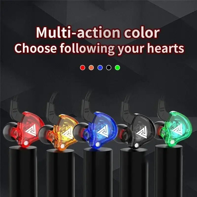 Vibrant translucent qkz ak6 in-ear headphones with glowing led accents and sleek angular design with mic