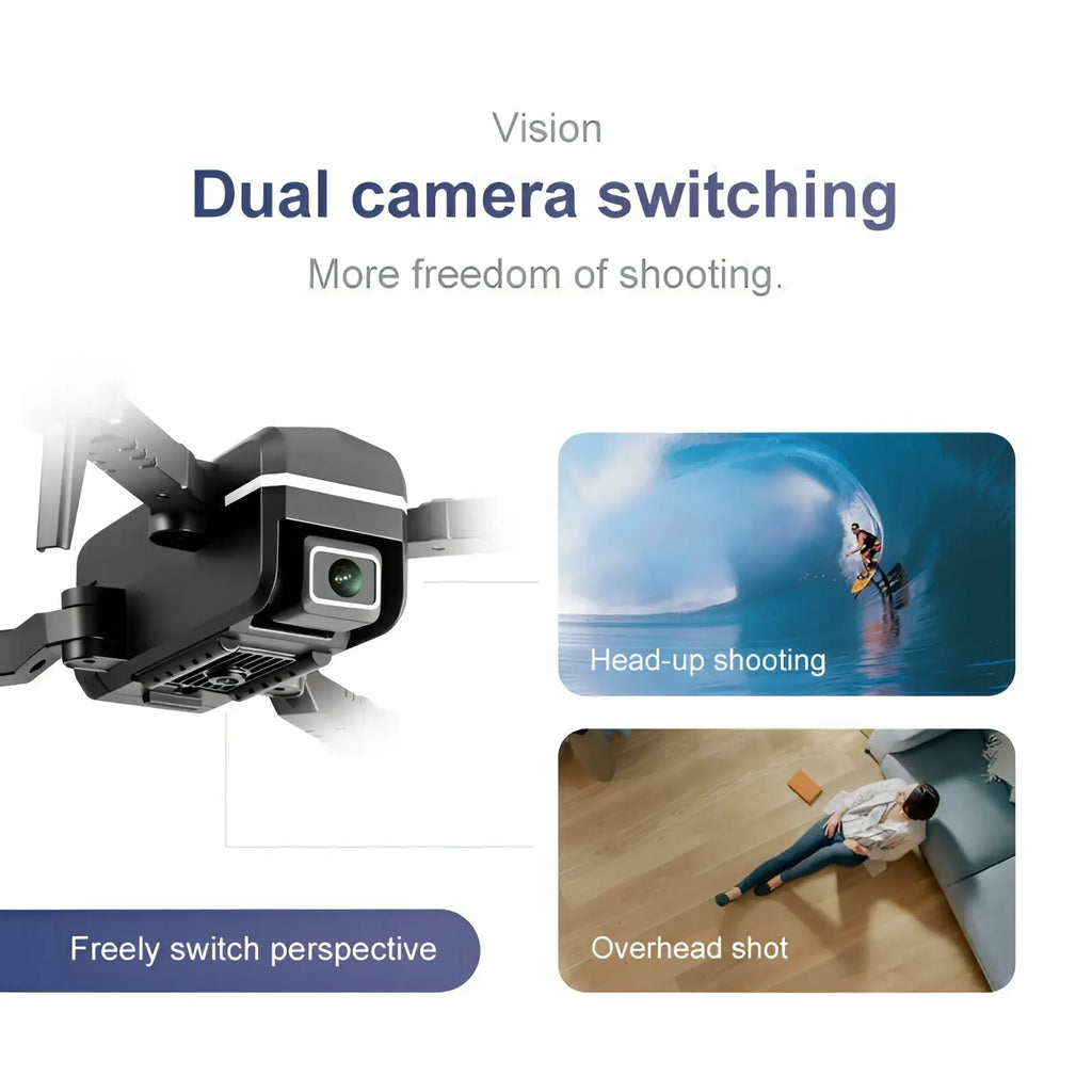 Black quad air drone with dual 4k hd cameras and foldable design for versatile aerial shooting perspectives