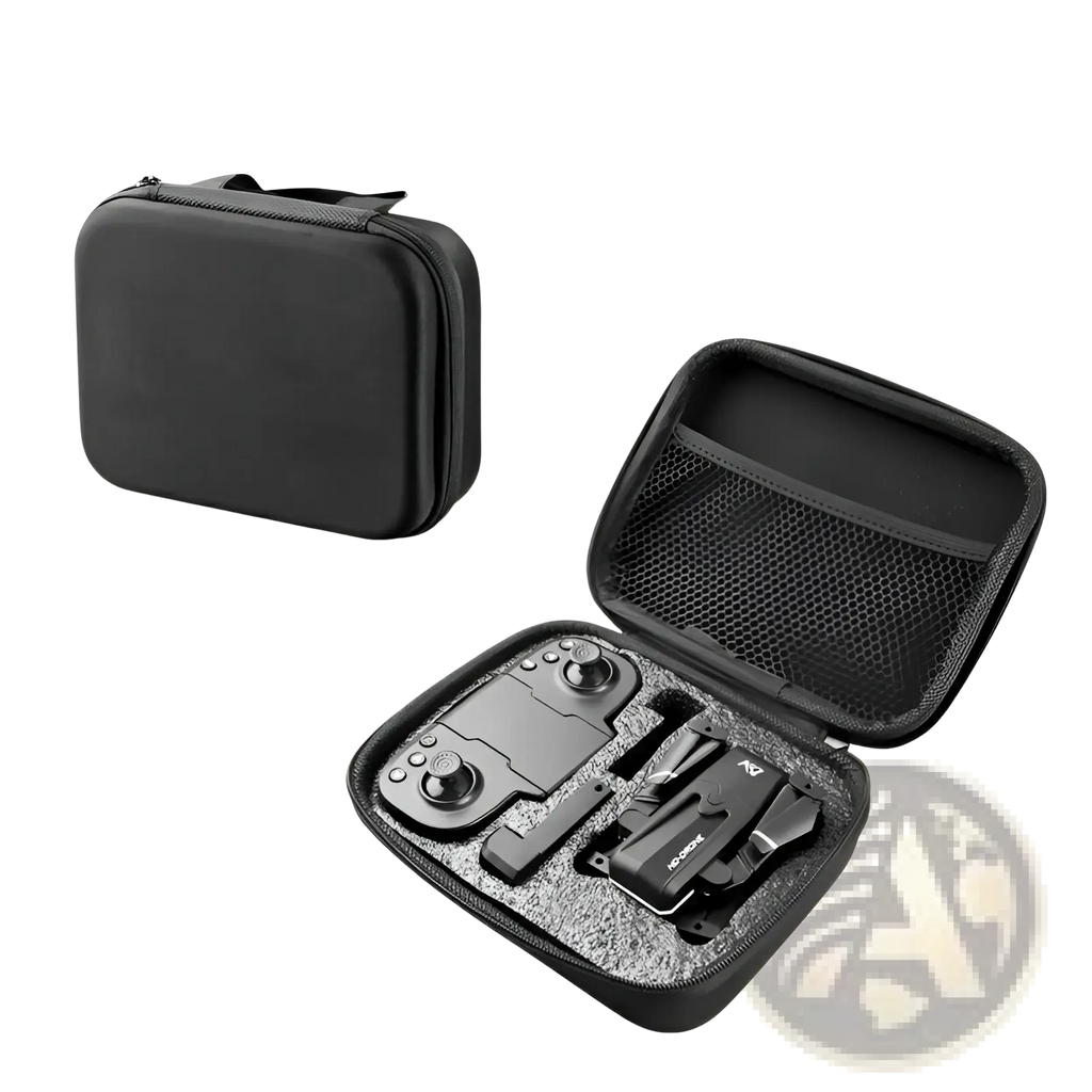 Black soft-sided storage box with zipper and foam compartments for quad air drone 4k hd dual camera controller and folded drone