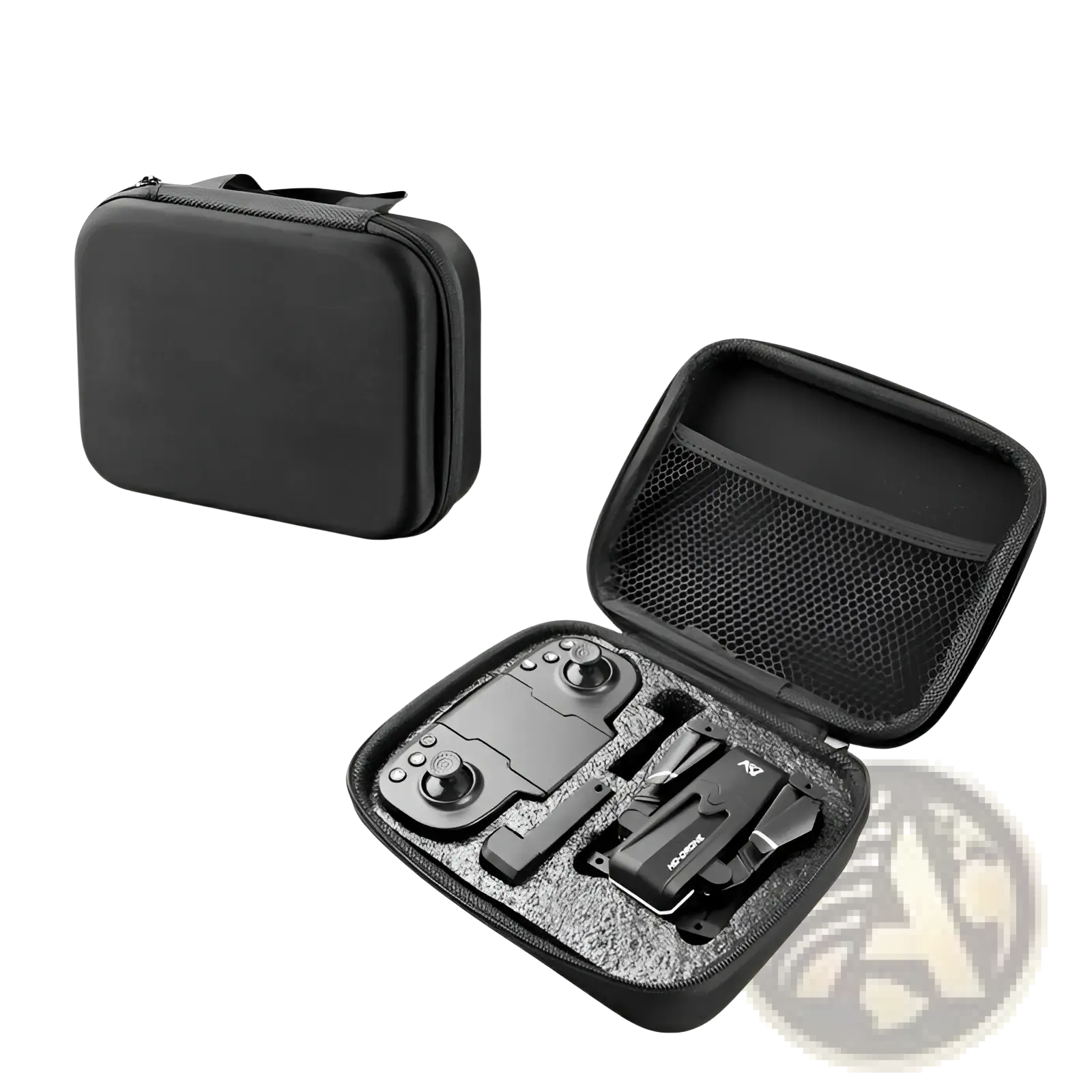 Black soft-sided storage box with zipper and foam compartments for quad air drone 4k hd dual camera controller and folded drone