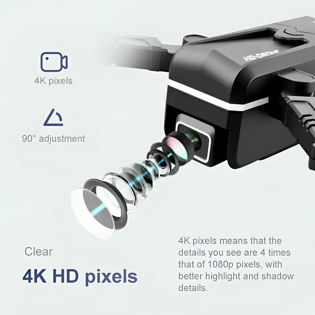 Black Quad Air drone 4k hd dual camera with sleek modern design and multiple lens elements visible on the front side