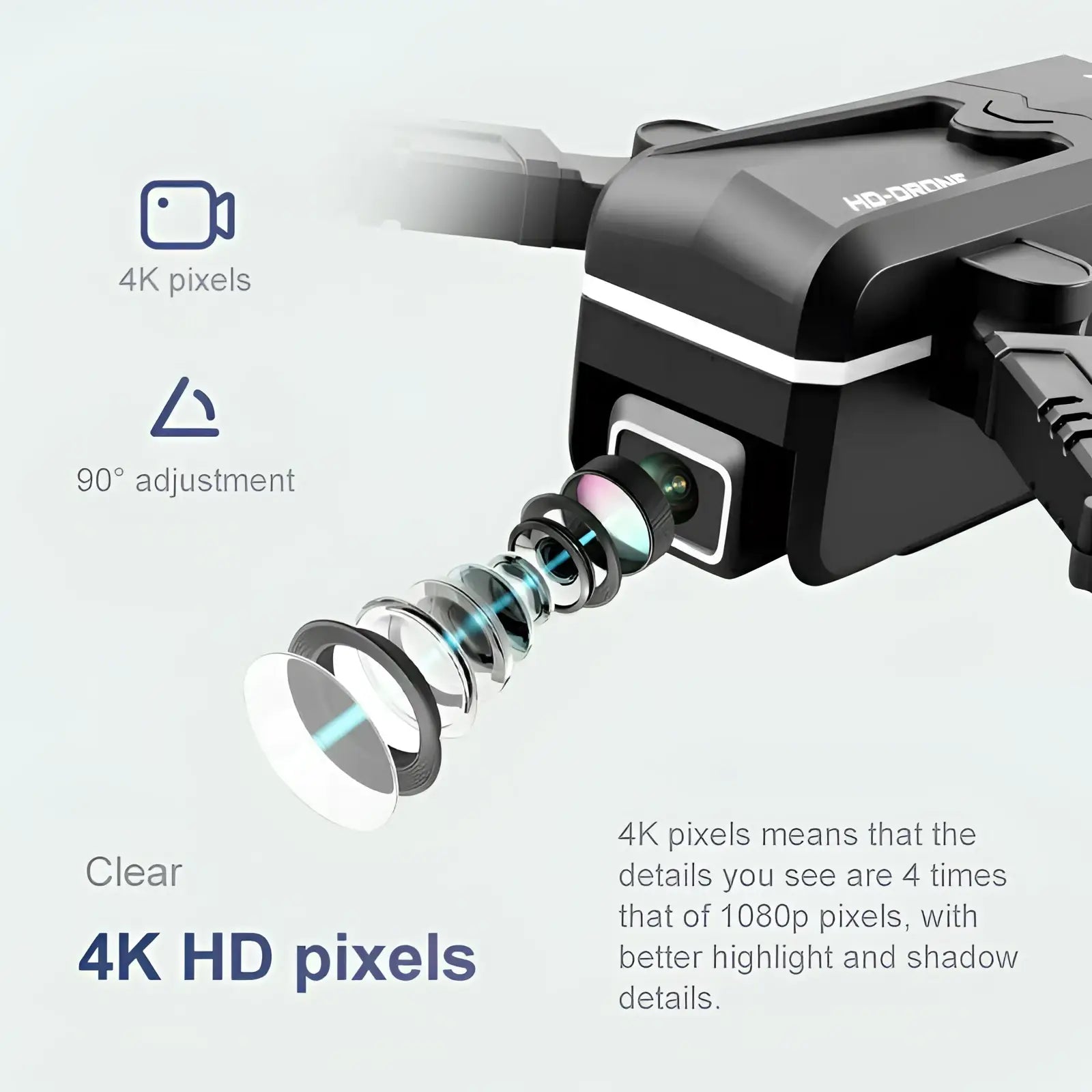 Black Quad Air drone 4k hd dual camera with sleek modern design and multiple lens elements visible on the front side