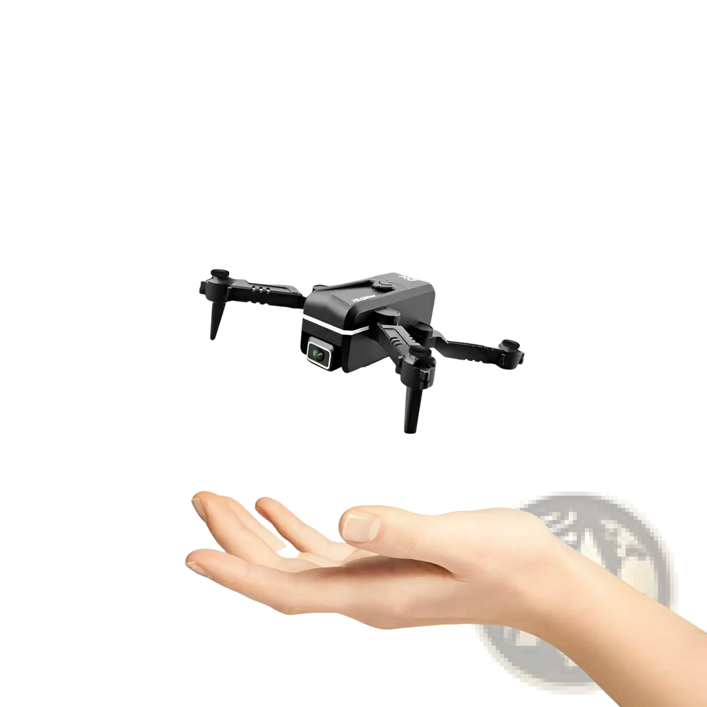 Black foldable quad air drone with sleek design and visible dual 4k hd camera lens for aerial photography