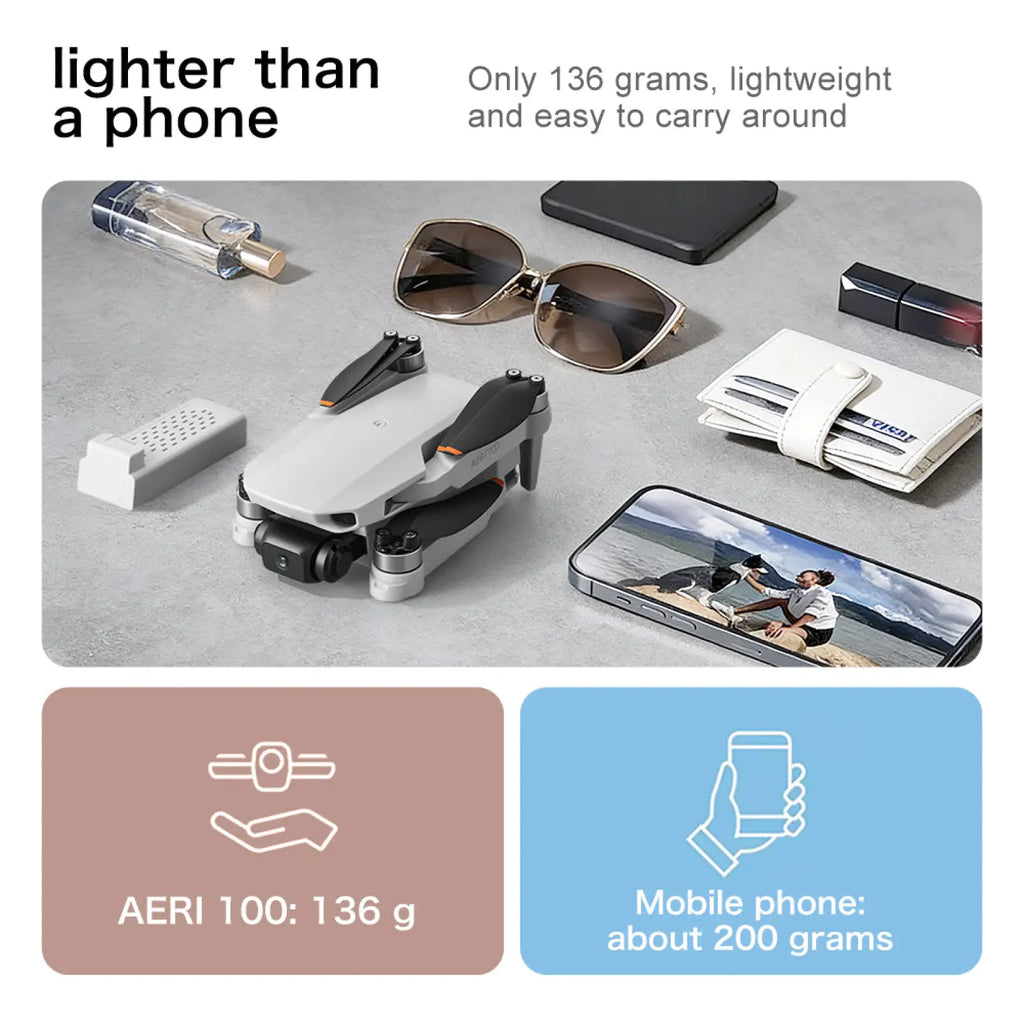White and black aeri 100 quadcopter drone with foldable arms and 4.5 inch screen dual power supply system
