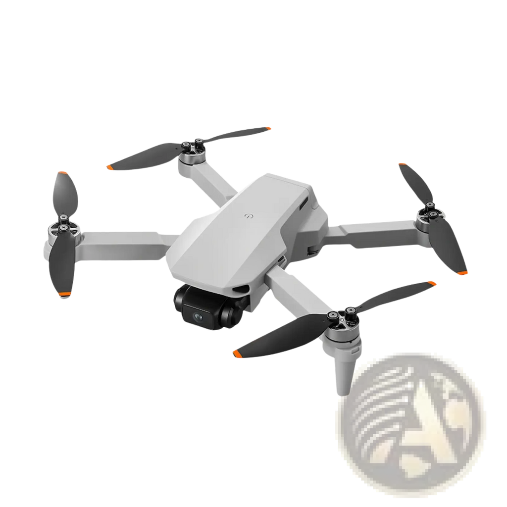Gray dji mini 3 pro quadcopter drone with black propellers orange tips mounted camera and 4.5 inch screen dual power supply