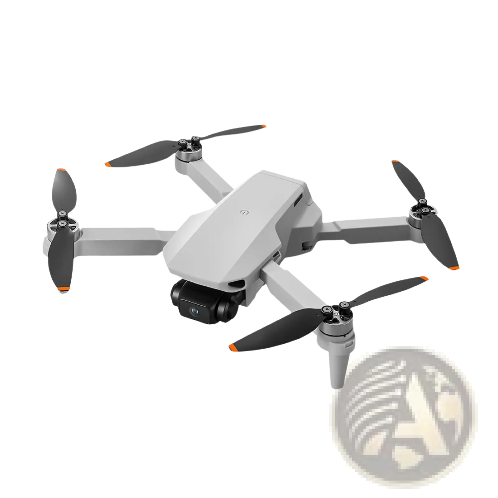 Gray dji mini 3 pro quadcopter drone with black propellers orange tips mounted camera and 4.5 inch screen dual power supply