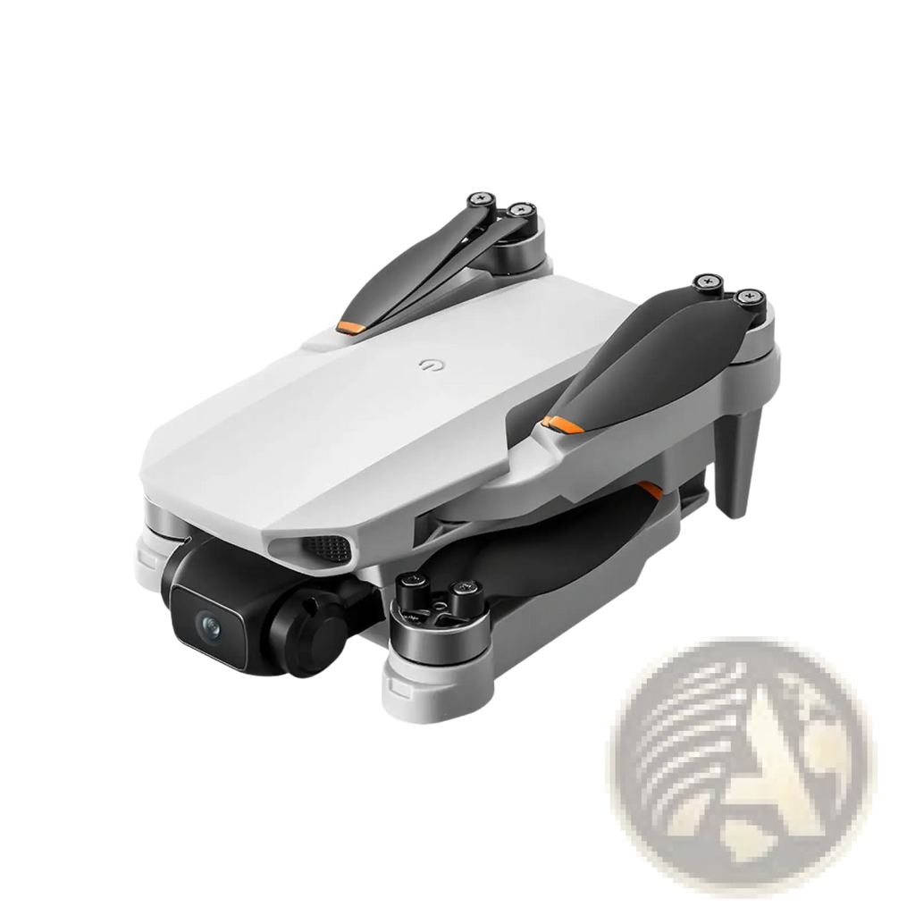 White and gray dji mini 3 pro quadcopter drone with black camera housing and orange propeller accents with 4.5 inch screen and dual power supply