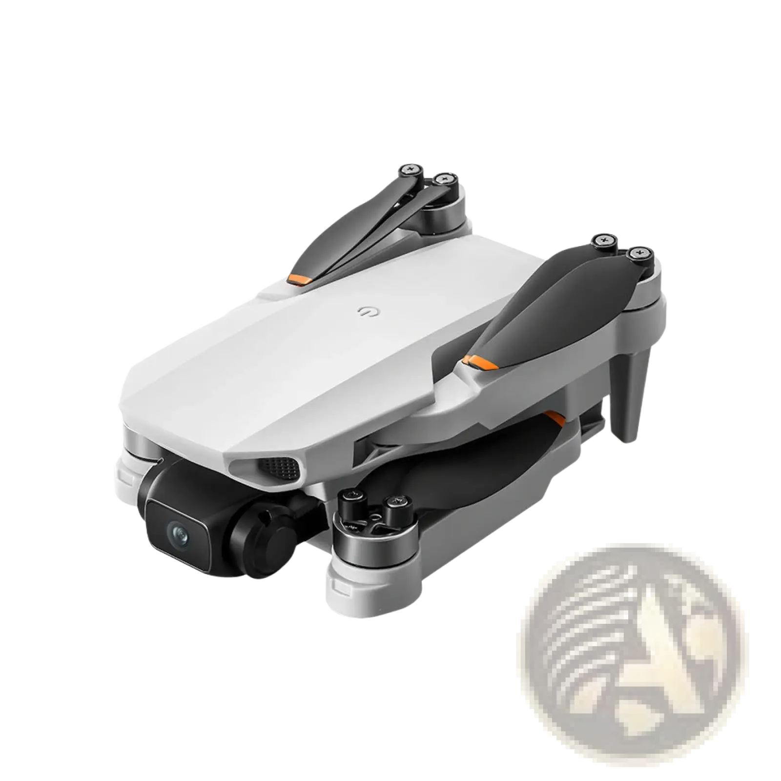 White and gray dji mini 3 pro quadcopter drone with black camera housing and orange propeller accents with 4.5 inch screen and dual power supply