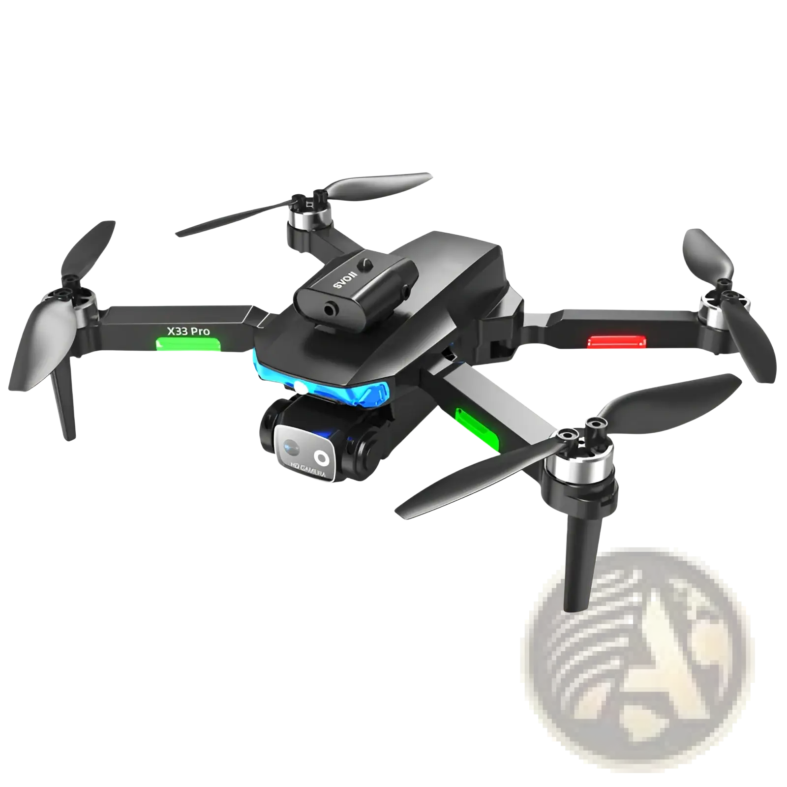 Black x33 pro quadcopter drone with foldable arms green and red led lights and dual camera mounted below