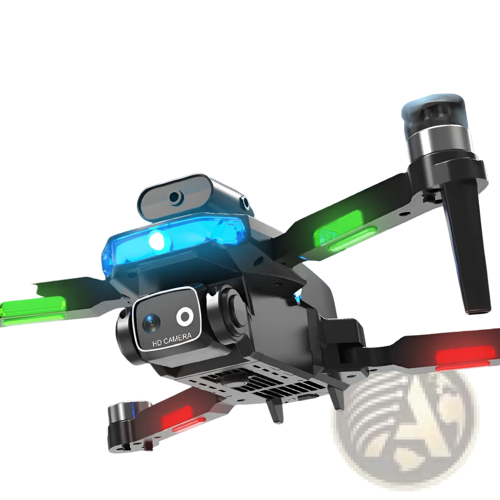 Black and silver quadcopter drone lf635 with dual cameras foldable design and led lights on its arms