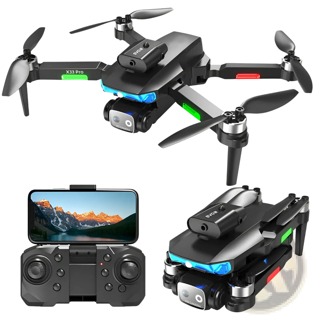 Black foldable quadcopter drone lf635 dual camera with blue and green led lights model x33 pro by svoy shown from back side