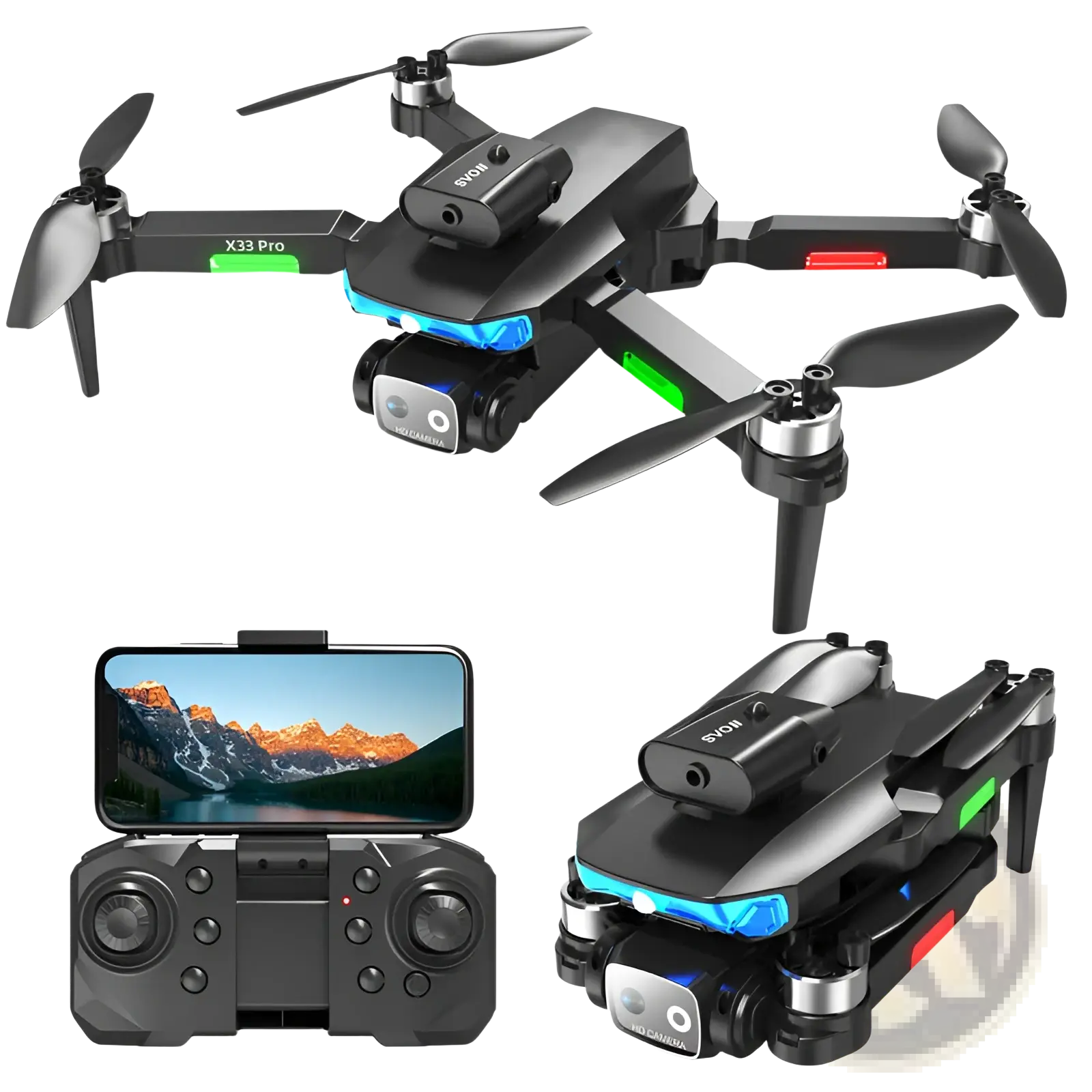 Black foldable quadcopter drone lf635 dual camera with blue and green led lights model x33 pro by svoy shown from back side