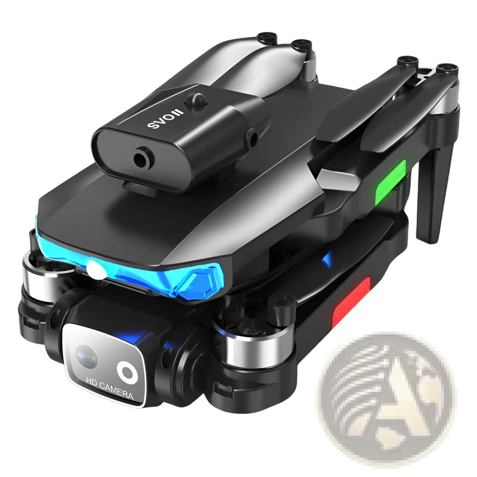 Black and silver foldable quadcopter drone lf635 with dual camera and blue led lights green and red accents on front sides