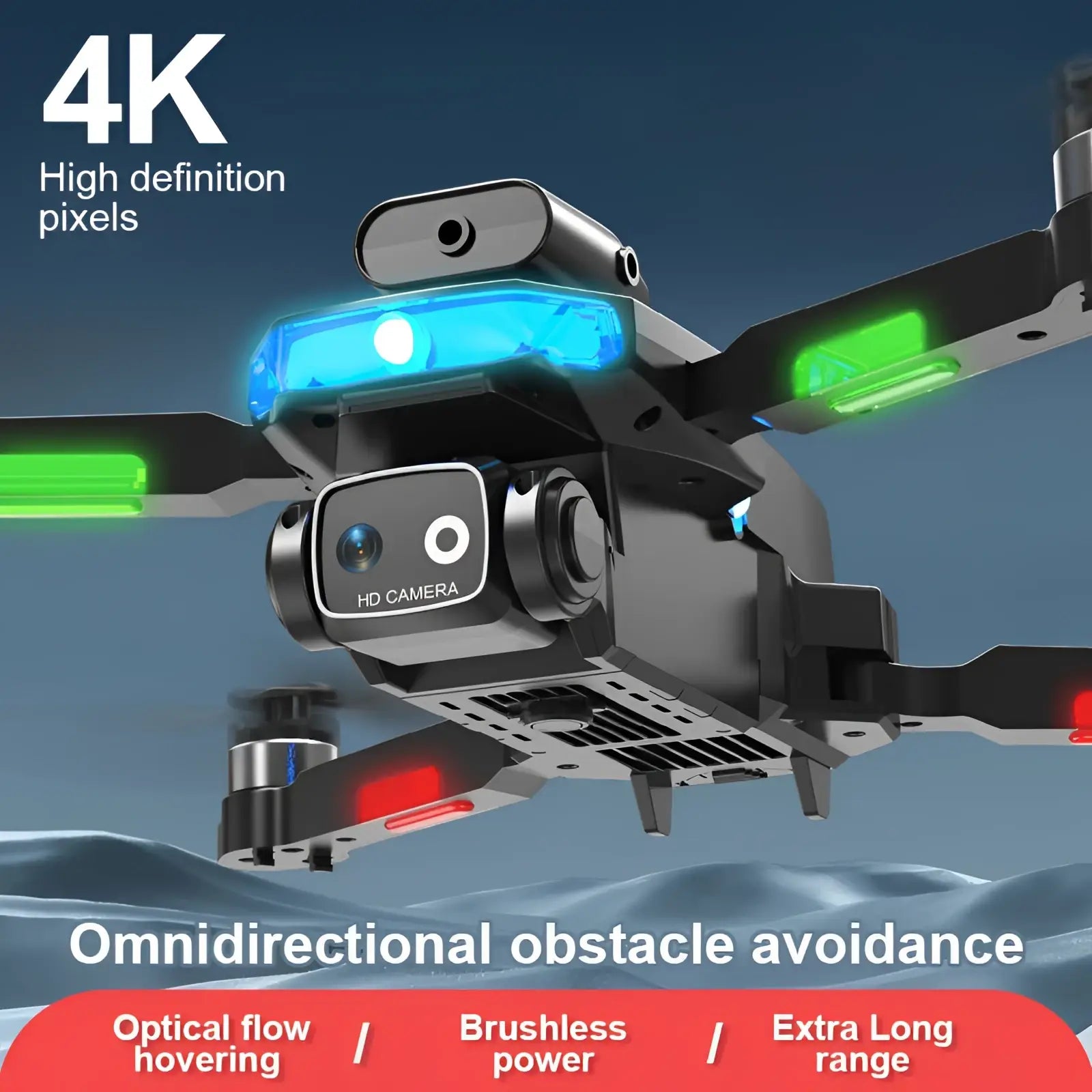 Black quadcopter drone lf635 with dual hd cameras foldable design and blue green led lights on arms