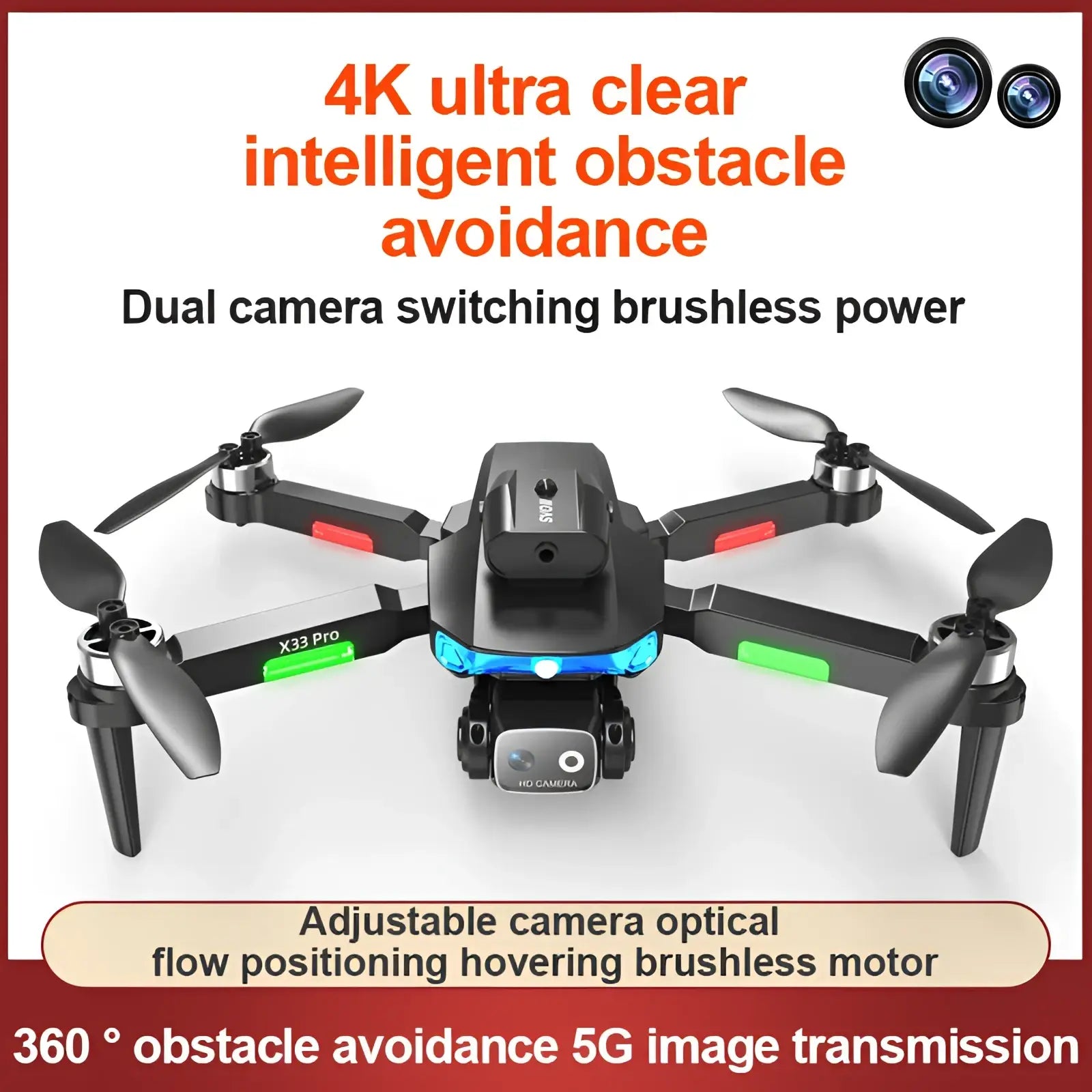 Black x33 pro quadcopter drone with dual cameras brushless motors and led lights on arms foldable toy model lf635