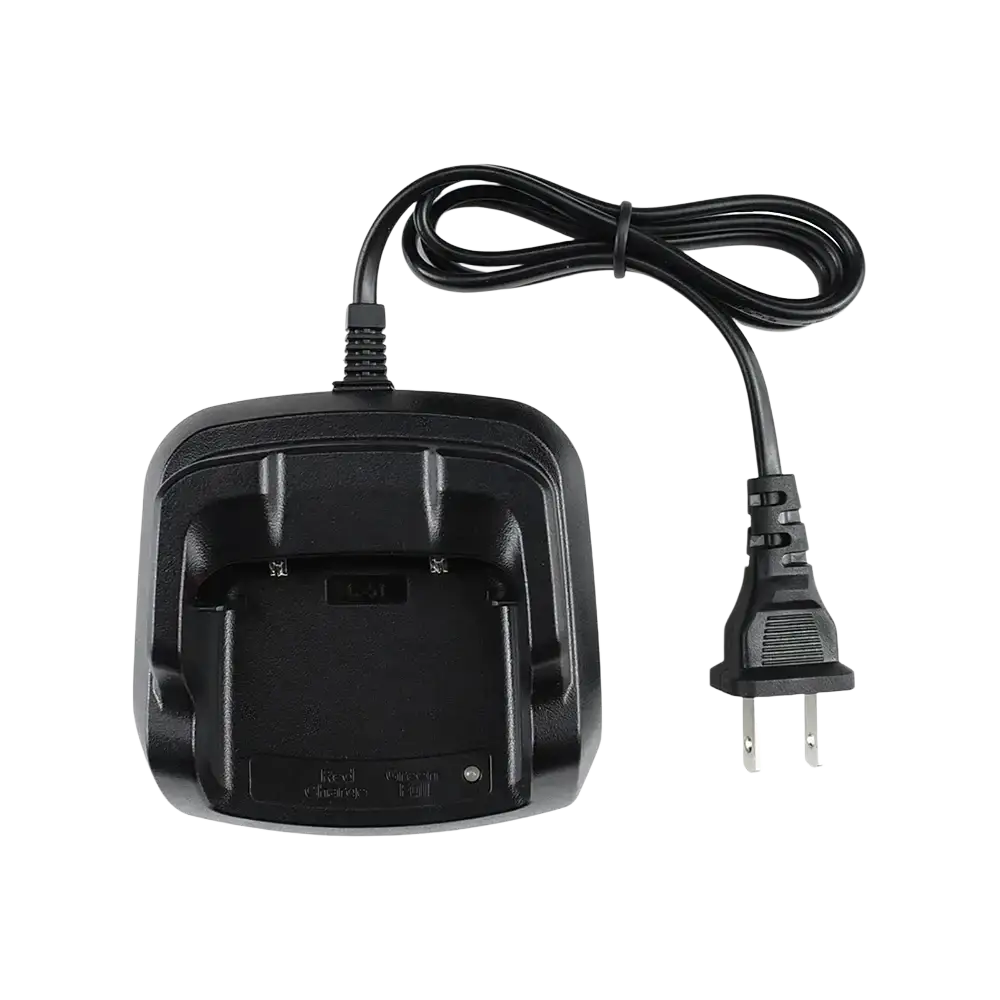 Black plastic quansheng desktop power adapter with coiled cord two-prong plug and led indicator for radio charging