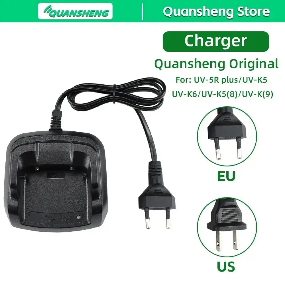 Quansheng desktop charger power adapter in black plastic with coiled cord dual eu and us plugs and led indicator