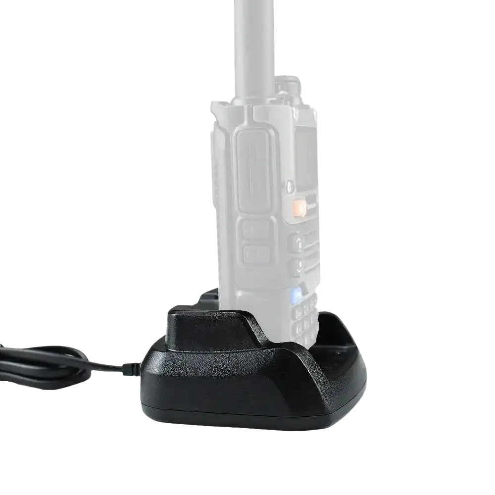 Black plastic quansheng desktop charger power adapter with led indicator and integrated cord holding white radio