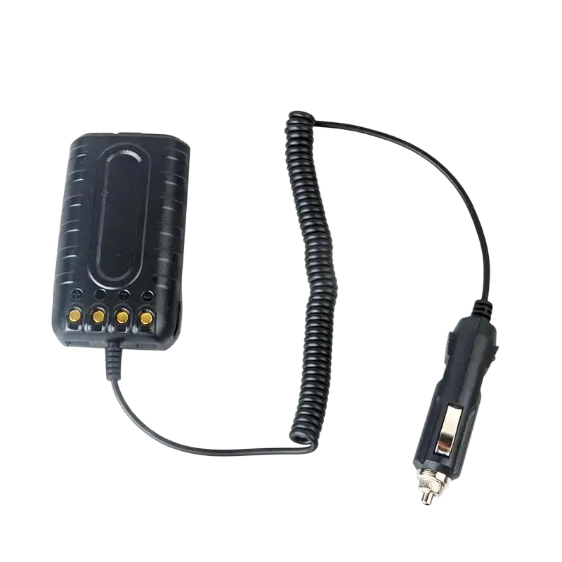 Black Quansheng Tg-uv2 Plus 10w car charger battery eliminator with coiled cable and gold-colored contacts