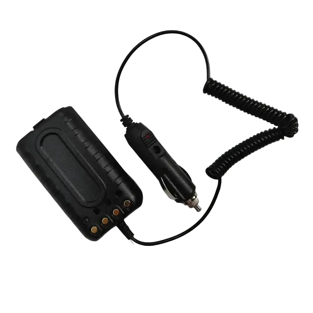 Black Quansheng Tg-uv2 plus 10w car charger battery eliminator with coiled cable and rectangular battery pack