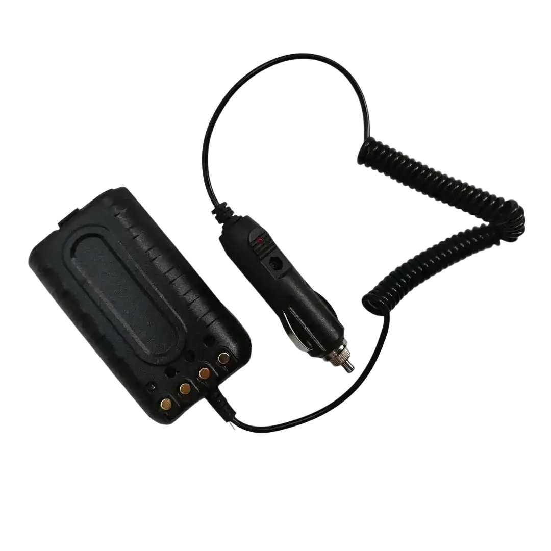 Black Quansheng Tg-uv2 plus 10w car charger battery eliminator with coiled cable and rectangular battery pack