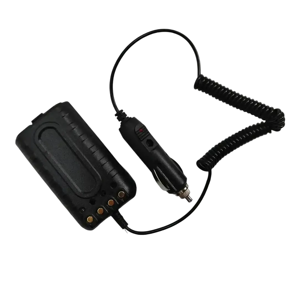 Black quansheng tg-uv2 plus 10w car charger battery eliminator with coiled cable and rectangular battery pack