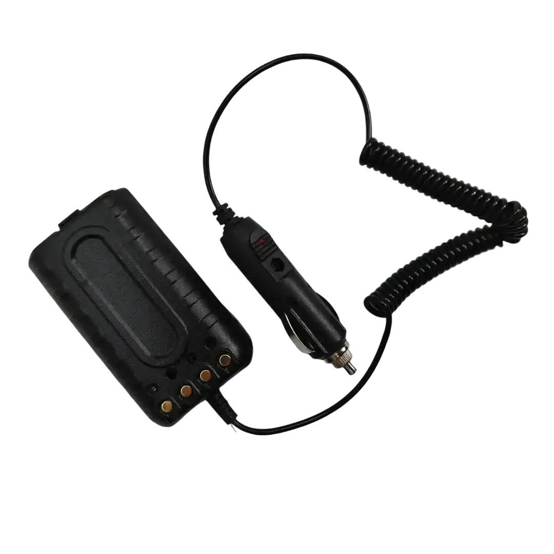 Black quansheng tg-uv2 plus 10w car charger battery eliminator with coiled cable and rectangular battery pack