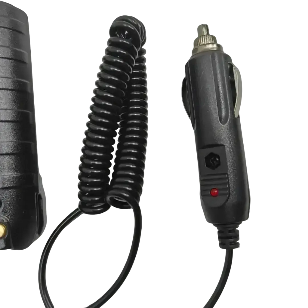 Black coiled quansheng tg-uv2 plus 10w car charger battery eliminator with metallic plug and red power indicator light