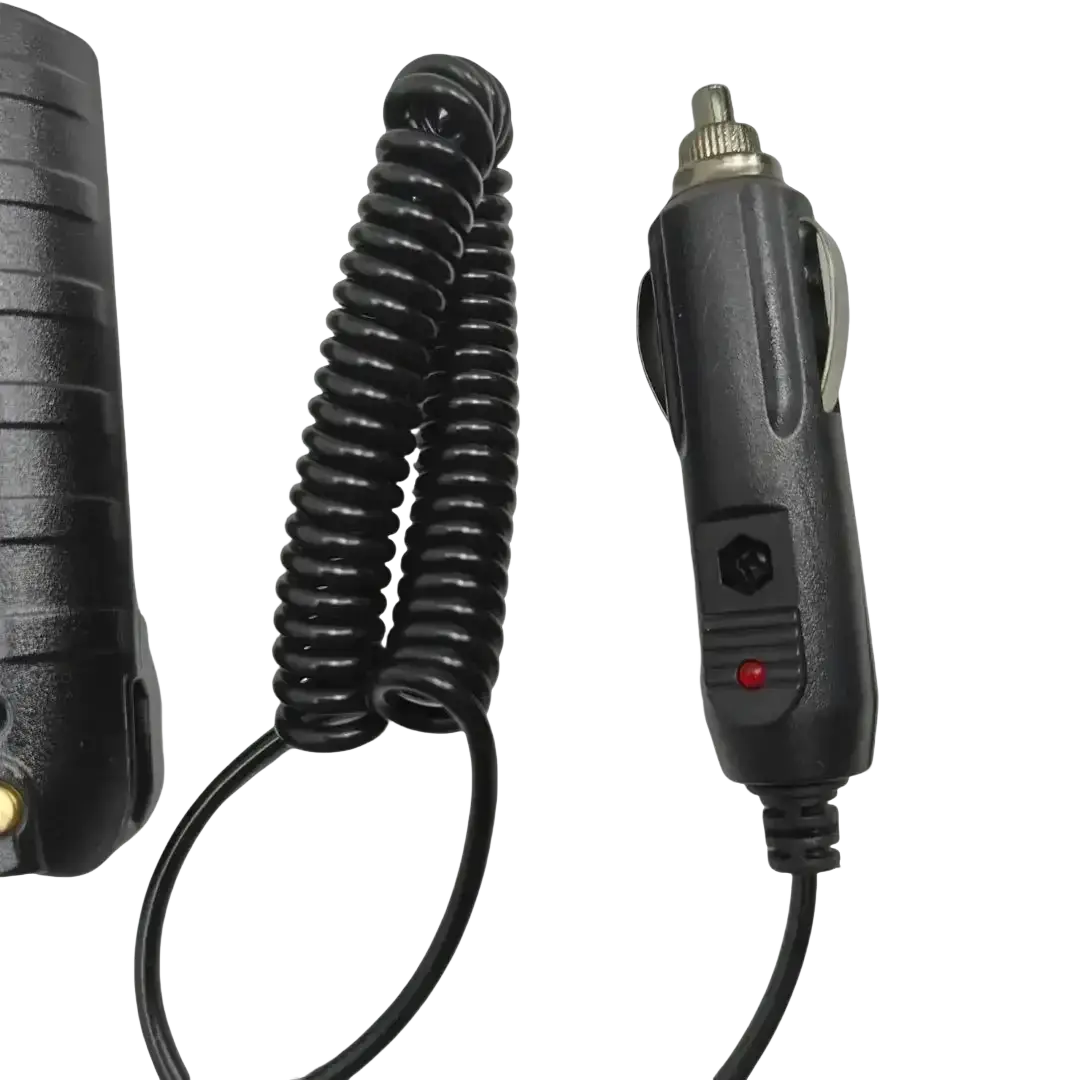 Black coiled quansheng tg-uv2 plus 10w car charger battery eliminator with metallic plug and red power indicator light