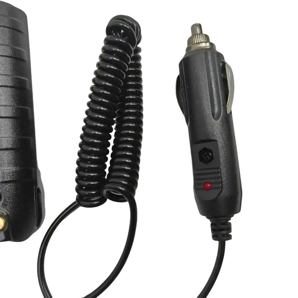Black coiled Quansheng Tg-uv2 Plus 10w car charger battery eliminator with red indicator light and metallic plug