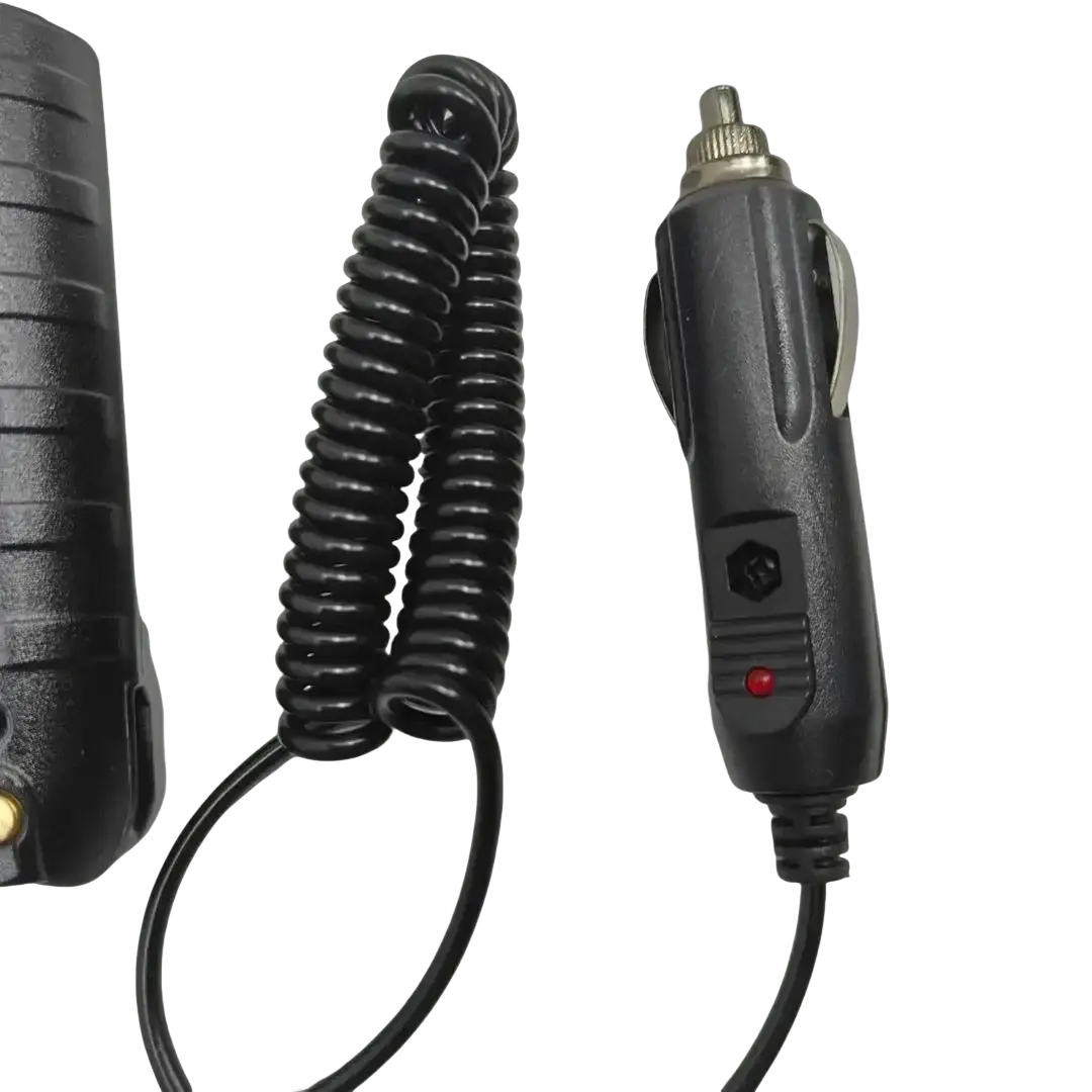 Black coiled Quansheng Tg-uv2 Plus 10w car charger battery eliminator with red indicator light and metallic plug