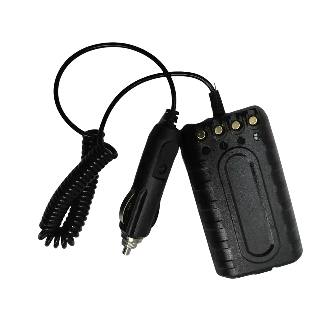 Black coiled quansheng tg-uv2 plus 10w car charger battery eliminator with compact rugged design and gold-colored contacts