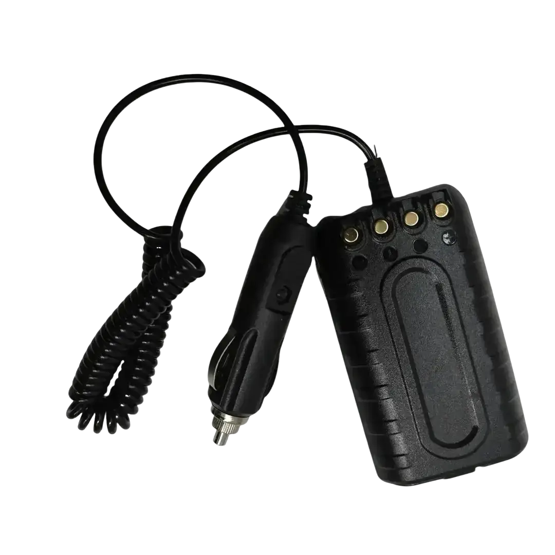 Black coiled quansheng tg-uv2 plus 10w car charger battery eliminator with compact rugged design and gold-colored contacts