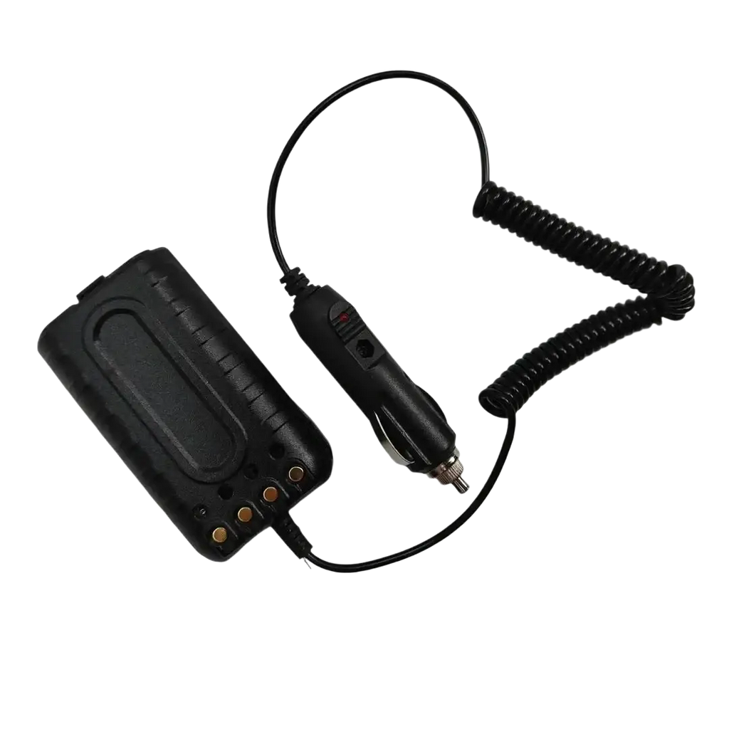 Black plastic quansheng tg-uv2 plus 10w car charger battery eliminator with coiled cord and rectangular battery pack