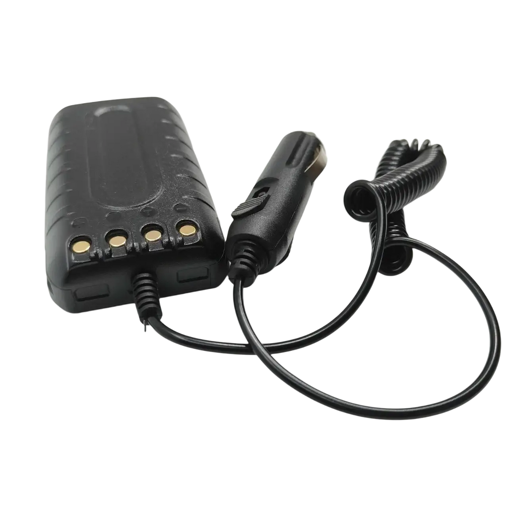 Quansheng Tg-uv2 Plus 10w black plastic car charger battery eliminator with coiled cable and gold-colored terminals