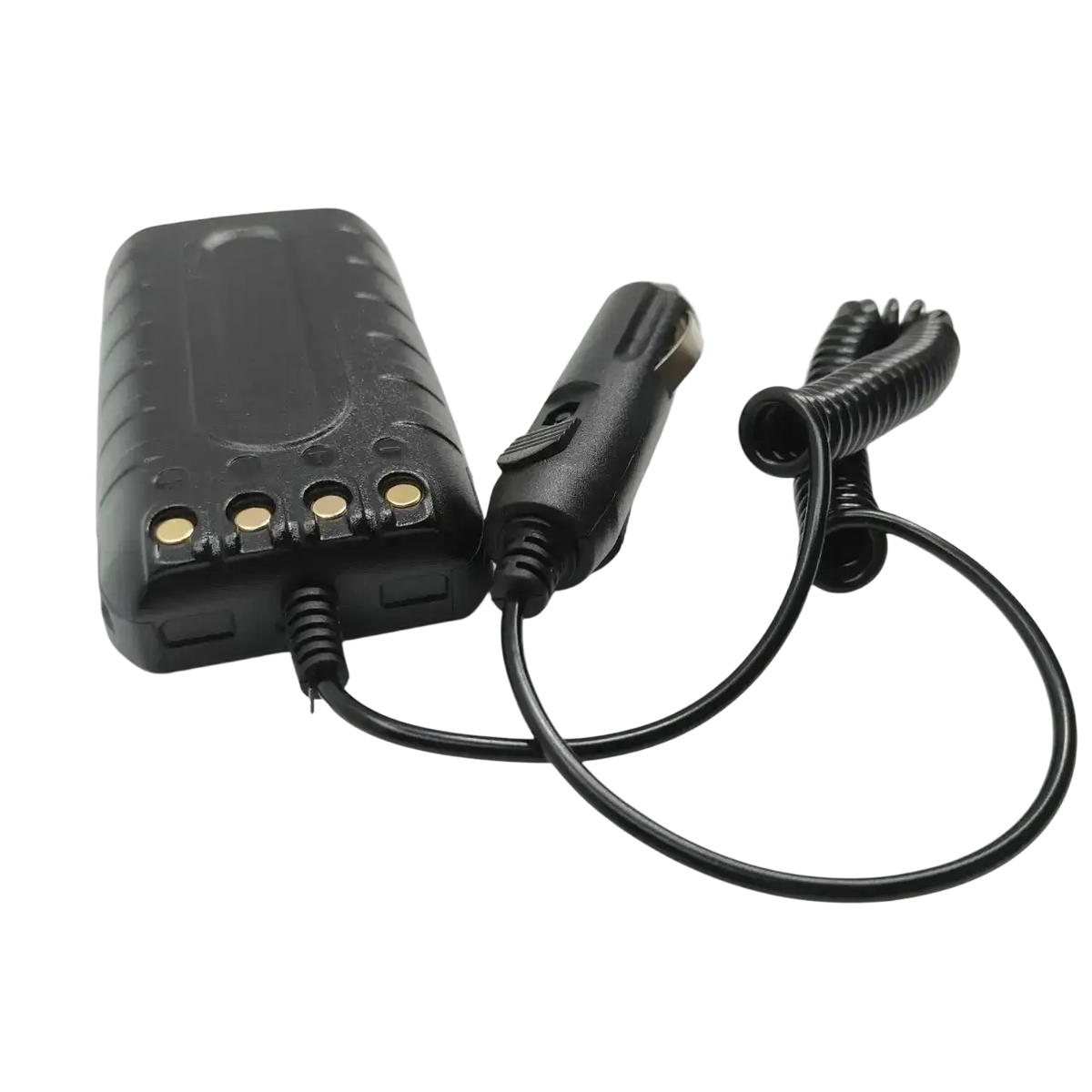 Black plastic quansheng tg-uv2 plus 10w car charger battery eliminator with coiled cable and gold-colored contacts