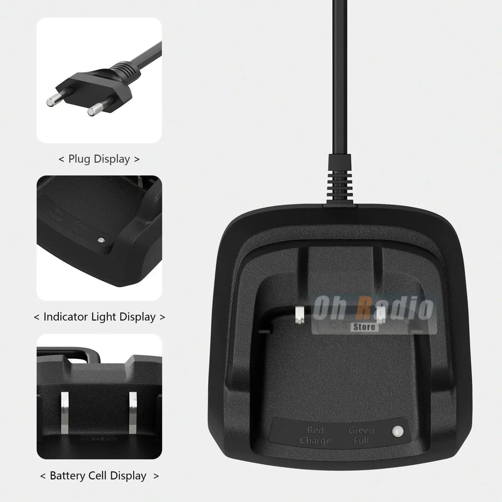 Black plastic quansheng uv-k1 desktop charger with slots for battery and green light indicator for radio charging