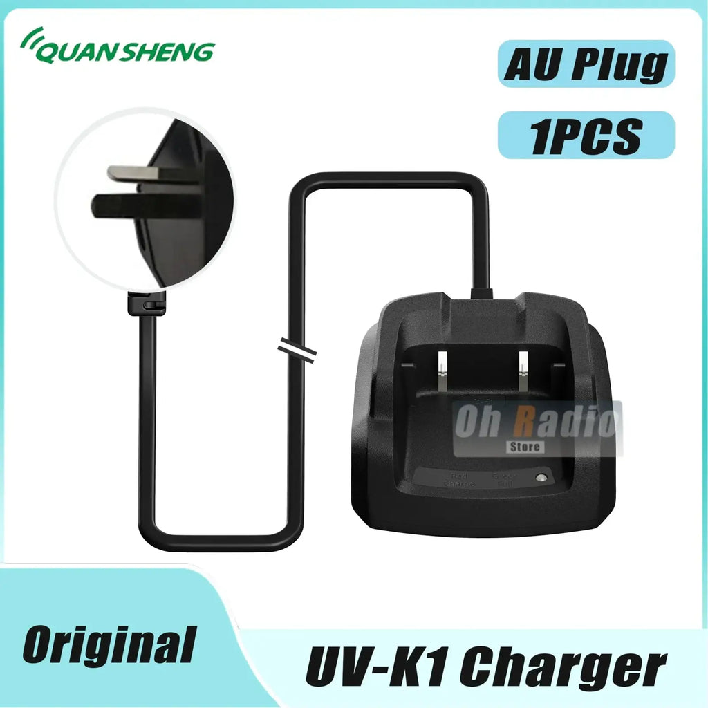 Black plastic quansheng uv-k1 desktop charger with au plug, curved power cord, and green light indicator
