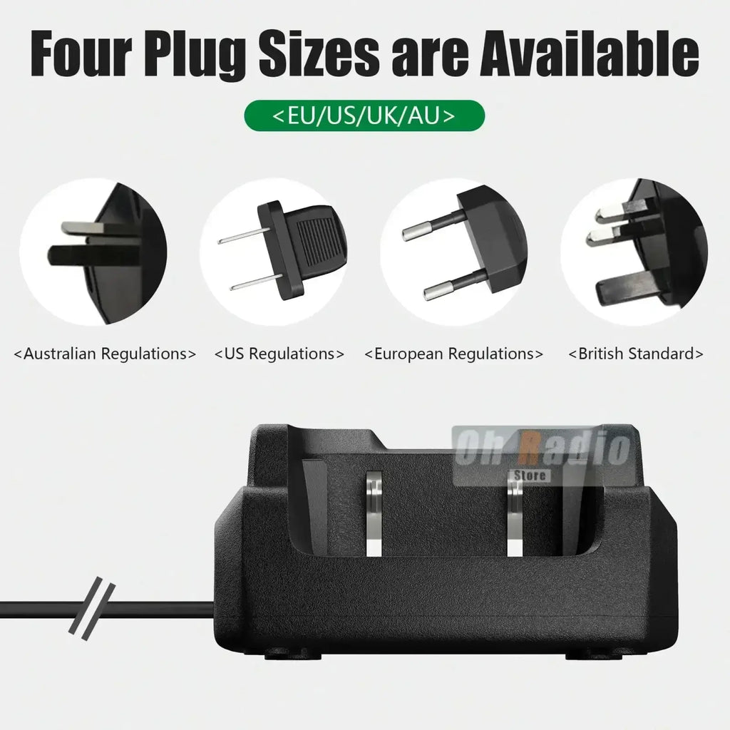 Black plastic quansheng uv-k1 desktop charger with four plug sizes and a green light indicator for multi-country use