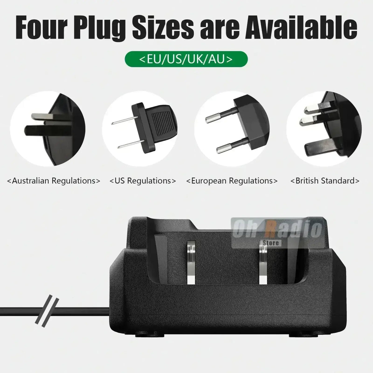 Black plastic quansheng uv-k1 desktop charger with four plug sizes and a green light indicator for multi-country use