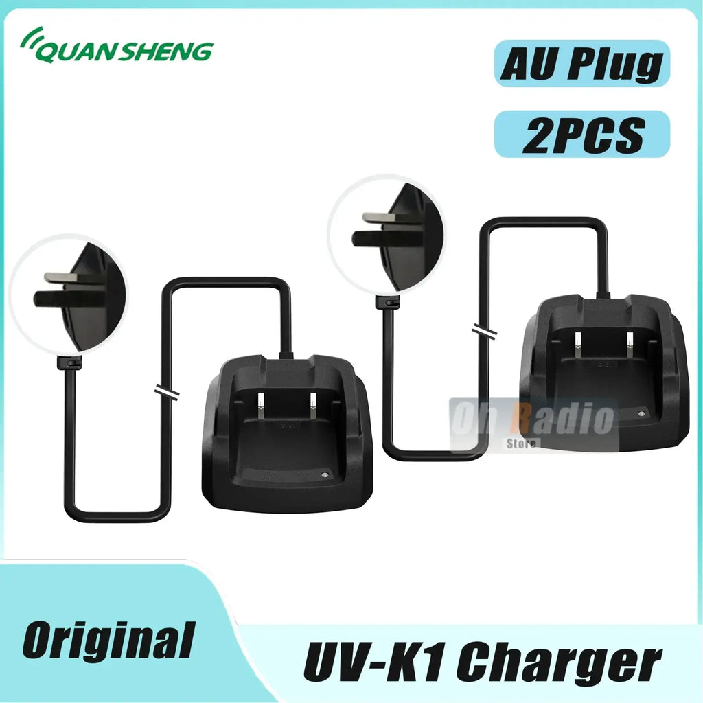 Black plastic quansheng uv-k1 desktop charger with curved cord dual-slot cradle and green light indicator