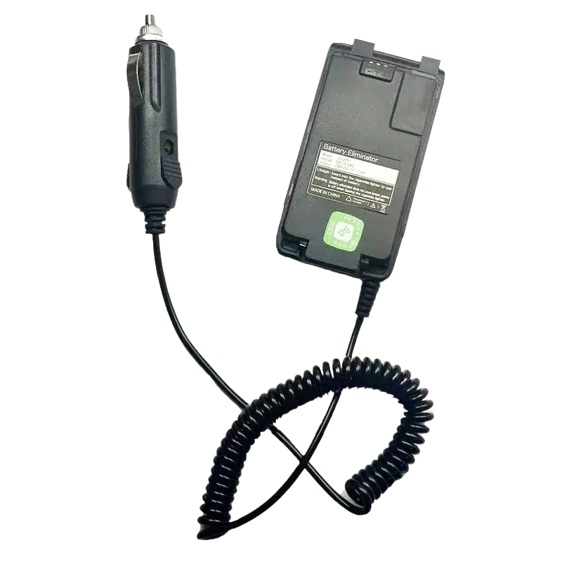 Black Quansheng uv k5 battery eliminator car charger with coiled cable and adapter for vehicle use