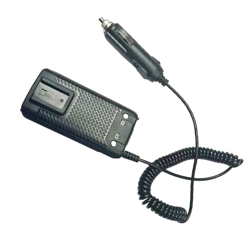 Black textured quansheng uv k5 battery eliminator car charger with coiled cable and cigarette lighter plug