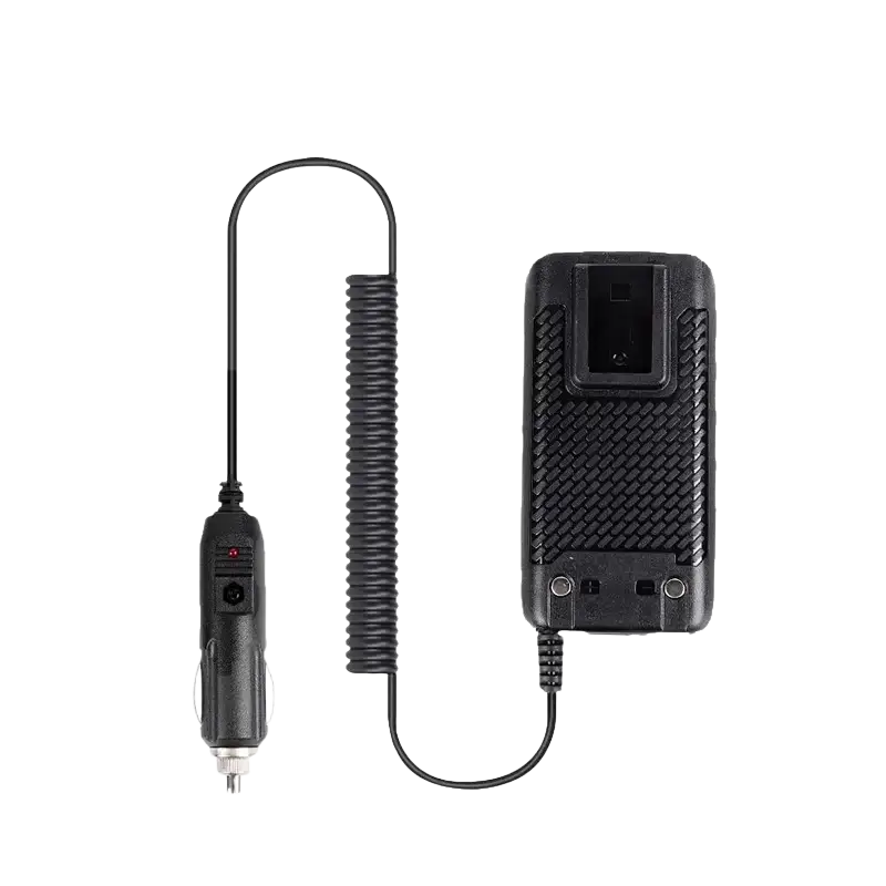 Black textured Quansheng Uv K5 battery eliminator car charger with coiled cable and plug for vehicle use