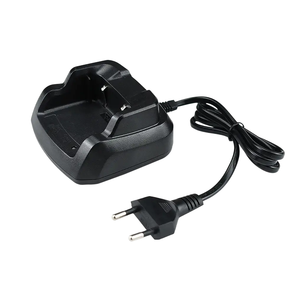 Black plastic quansheng uv-k5 charger base power adapter with led indicator and coiled european-style plug shown from back side
