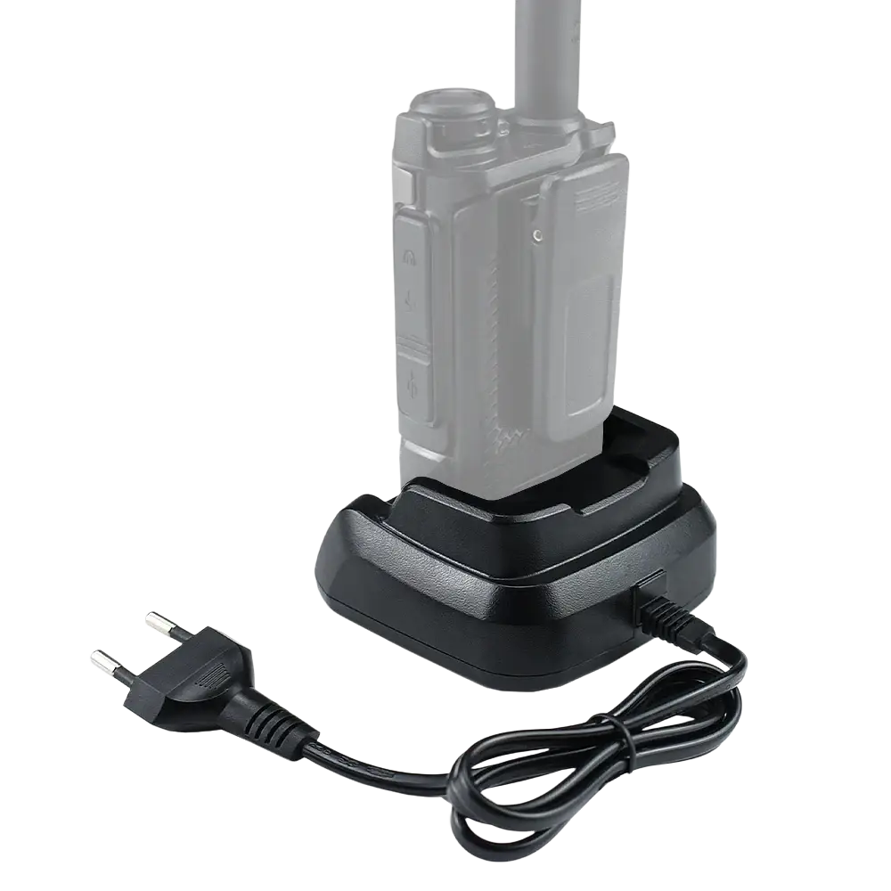 Black plastic quansheng uv-k5 charger base with integrated power adapter and led indicator for walkie-talkie charging